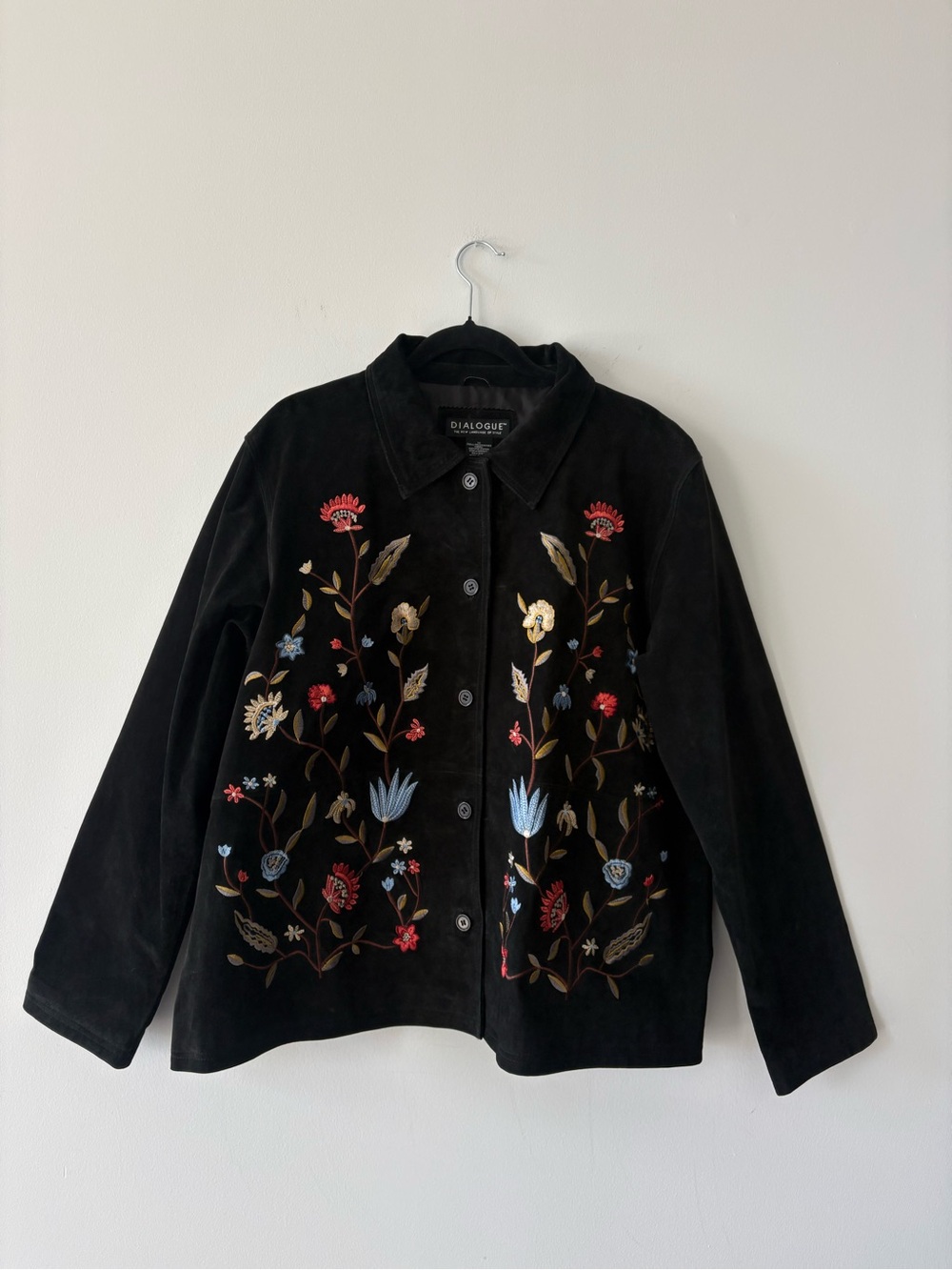 Dialogue Black Leather Suede Floral Embroidery Boho Western Whimsigoth Jacket 1X